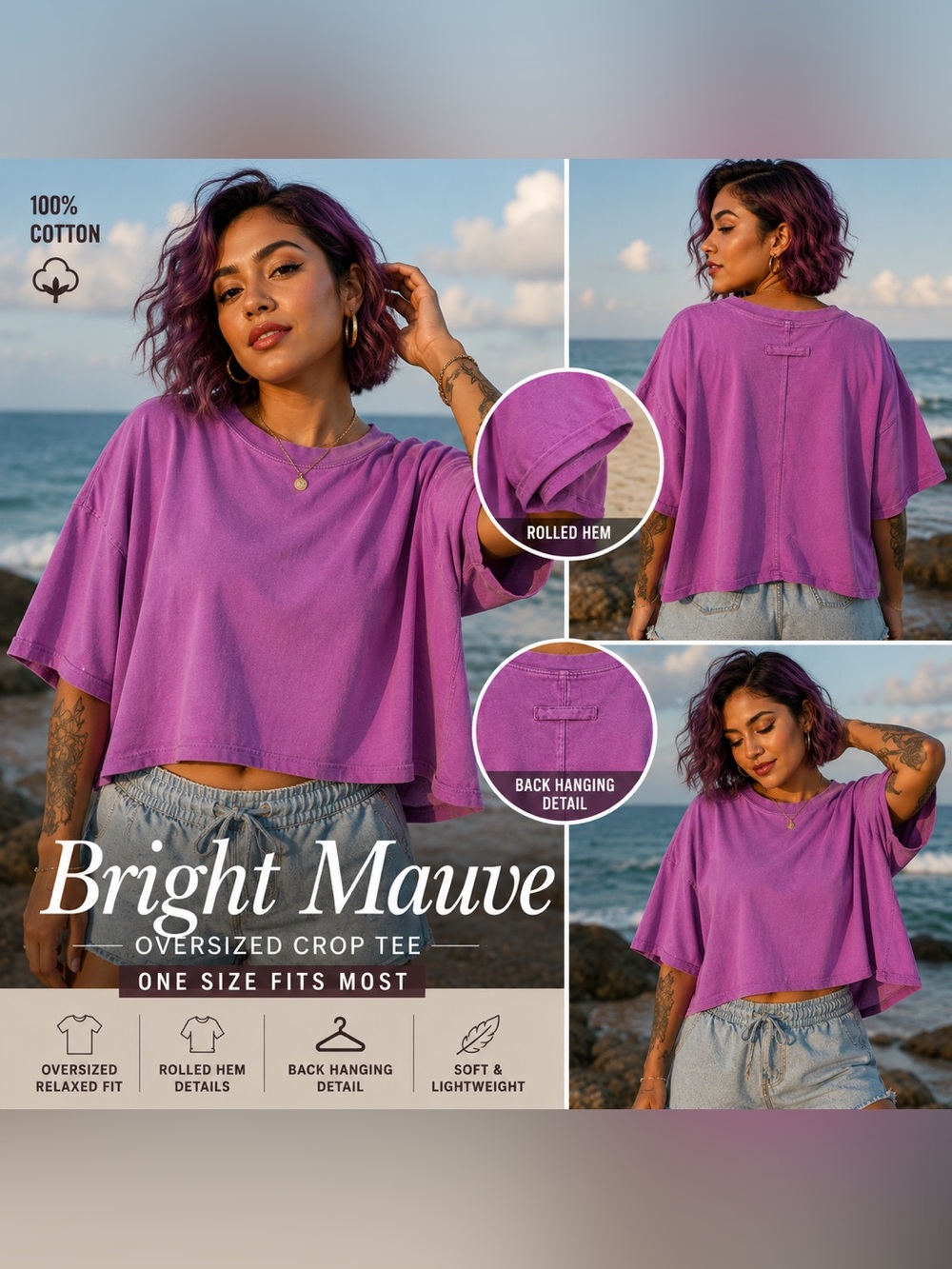 🆕 Purple Oversized Crop Tee One Size 100% Cotton Relaxed Summer Top🔥
